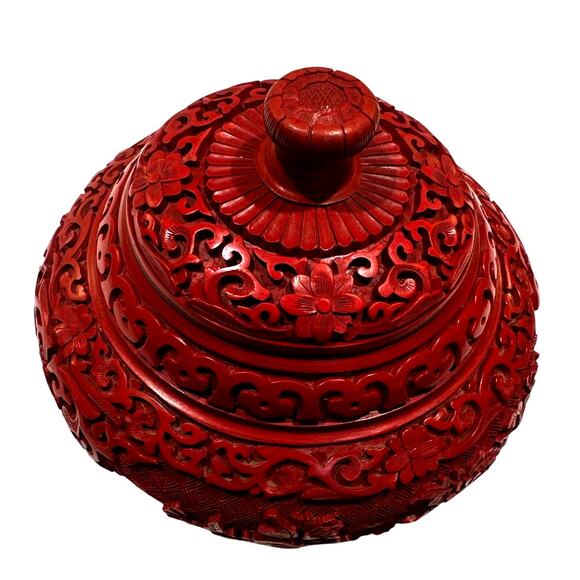 Antique Chinese Cinnabar Ornate Red Trinket Box Blue Enameled Brass Exquisite - Picture 9 of 9